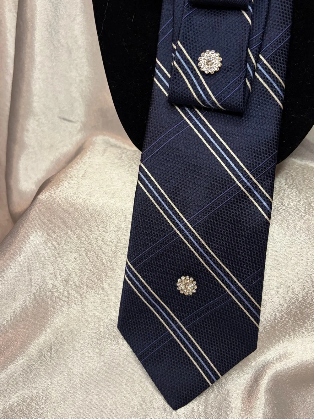 Tommy Hilfiger Navy Blue Diagonal Stripe Tie with Crystal Accents
